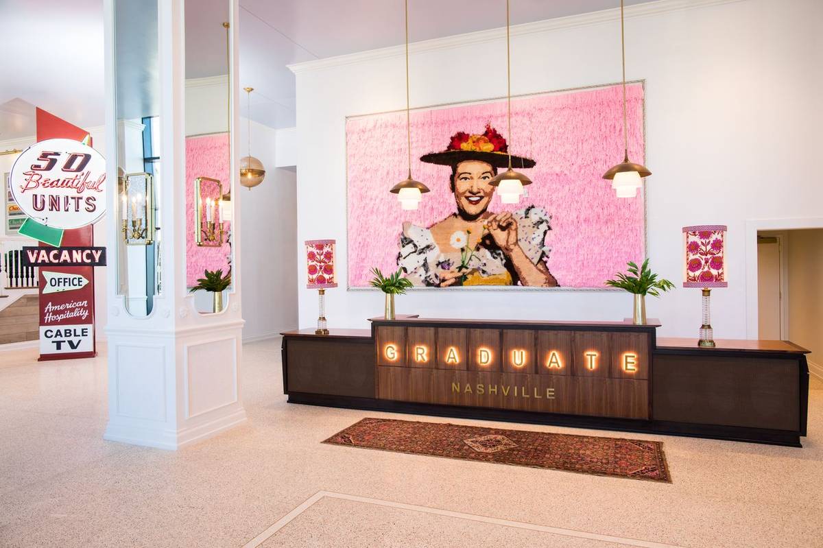 Minnie Pearl, a 9′ × 15′ latch hook portrait installed at Graduate Hotel Nashville